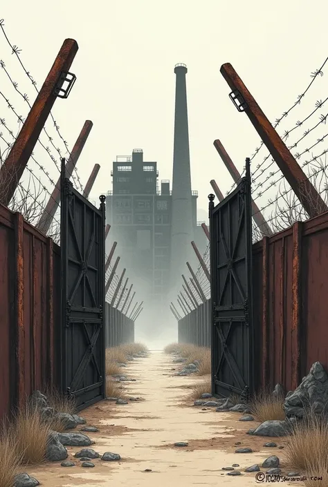  The next day they stood at the gates of the factory .  A rusty fence with slanting sections , , struggling to hold the remnants of barbed wire, looked ominous .
Create a drawing with a lightweight marker 