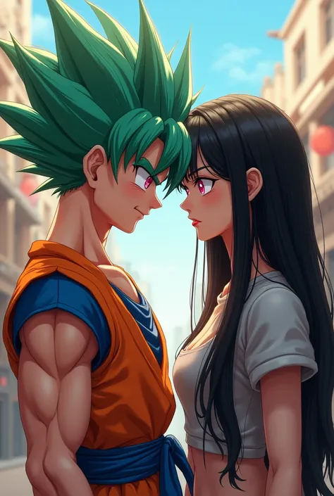 Create Goku with green hair, pink eyes, heart-shaped mouth and create a Russian with straight black hair on the Goku side