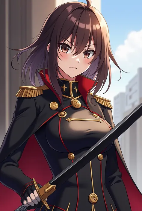 Brown Haired and Black eyes Anime Swordswoman with Government uniform with authorative look from Genshin Impact