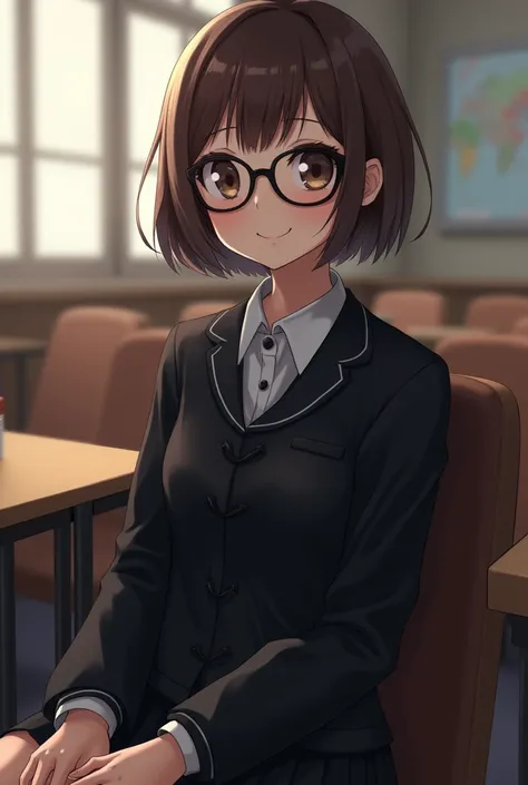 A girl with her hair slicked straight short and brown student sitting in line wearing smart round black glasses wearing a black school uniform smiling slightly 