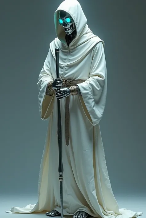  tall mechanical monk with a height of 1 , 90 meters tall with a smooth metal body ,  in a glowing silvery light .  He has a thin build and humanoid appearance ,  coloring with ,  close to human .  His body has a durable metal outer coating ,  hiding the i...