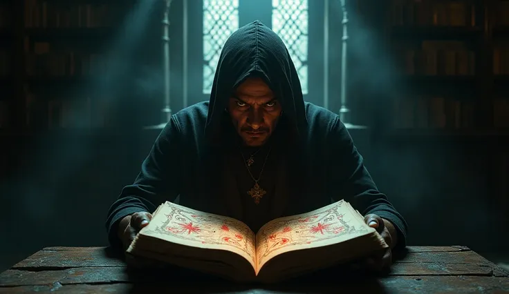 2. Rajkaran sitting in a dimly-lit room, flipping through an ancient book filled with strange symbols and red markings. His expression is tense and sinister, as if guarding a dark secret.
