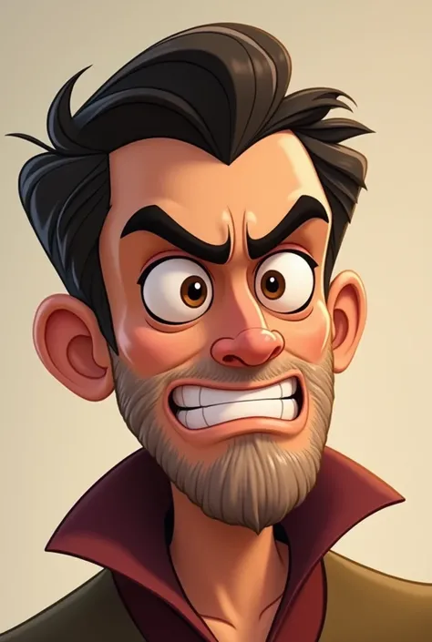   Cartoon of the prince from the movie Tangled Angry Man with Short Hair,  brown eyes, 40 years old, with a thin beard ,  upturned nose 