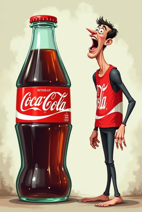 DESIGN FOR ME A SATIRICAL BLEND OF THE COCA-COLA BRAND OF COCA-COLA SODA WHERE ONE IS FAT AND ONE IS SKINNY AND THE SKINNY COKE IS LAUGHING AT THE FAT COKE AND FAINTING FROM LAUGHTER. 