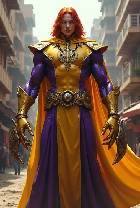 A powerful male  villain humanoid God like  being, wearing a cool powerful yellow purple costume of mix color, two big circular  spinning blades on his forearms of his hands,  slightly long red hair, detailed picture, high resolution image, looking straigh...