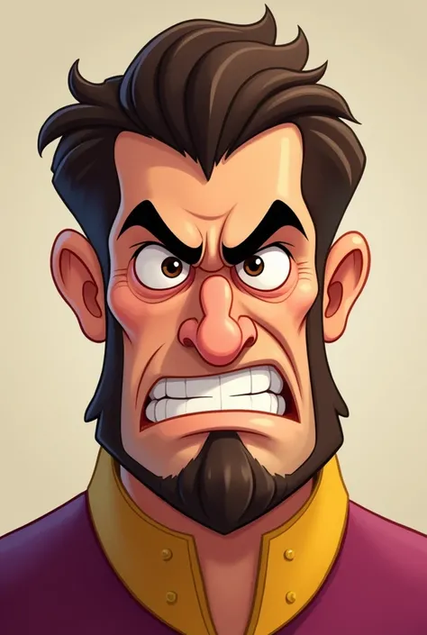   Cartoon of the prince from the movie Tangled Angry Man with Short Hair,  brown eyes, 40 years old, with little beard ,  bump nose 