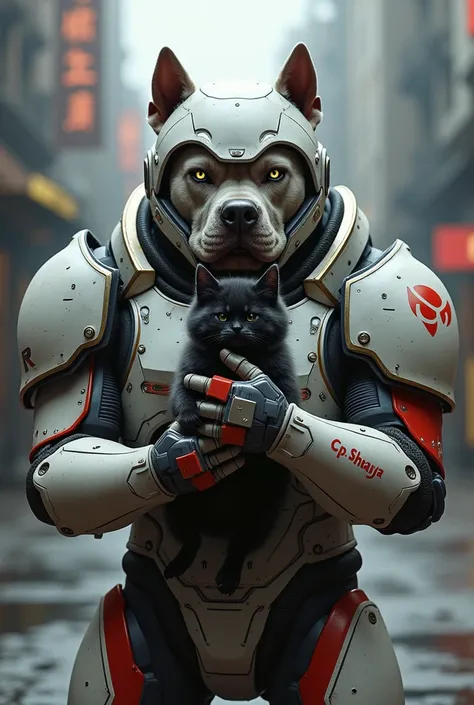 Pit bull dog with grey-eyed bionic helmet with white and red armor with the name CPT SHAYA on the chest in place, similar to that of the white and red cyberpunk holding an angry black kitten 