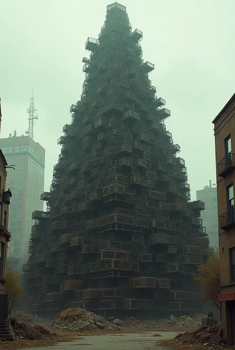 Realistic image of buildings covered by a pyramid of destroyed and rusted grocery cart film filter 