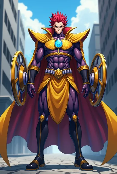 A powerful male  villain humanoid God like  being, wearing a cool powerful yellow purple costume of mix color, two big circular  spinning blades on his forearms of his hands,  red hair, detailed picture, high resolution image, looking straight, serious fac...