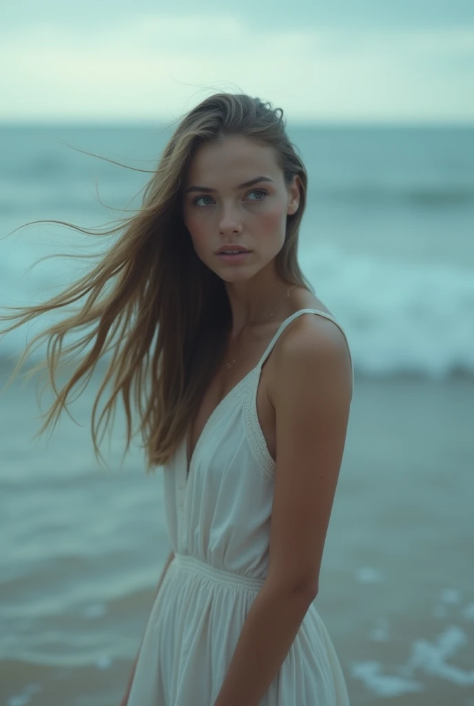 a young woman standing in front of the ocean, deep in thought, reminiscing about her desires, serene ocean waves, overcast sky, pensive expression, long hair blowing in the wind, soft lighting, photorealistic, detailed portrait, cinematic composition