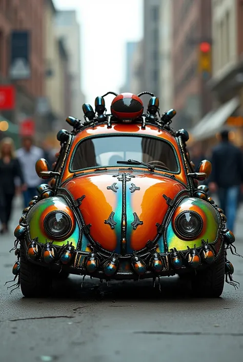 
Hyperrealistic photo of a Beetle vehicle made entirely of colored beetles exposed on a street.