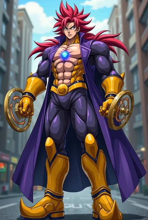 A powerful male  villain humanoid God like  being, wearing a cool powerful yellow purple costume of mix color, two big circular  spinning blades on his forearms of his hands,  red hair, detailed picture, high resolution image, looking straight, serious fac...