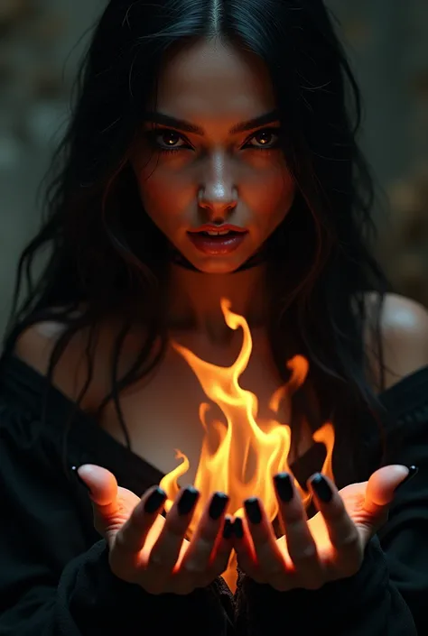 Black-haired arabic vampire with pronounced teeth on a dark background and fire in her hands, arabic eyes, beautiful, realistic, dark-brown skin