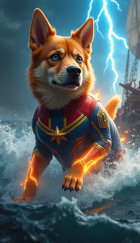 Create 32k Ultra-realistic, 200% mutated hybrid fusion of a Dog, Pirates Swashbuckler aura, and a warrior Captain Marvel form, set on a pirate ship navigating through a stormy sea. The creature has the agile body of a dog, with fur glistening like the wave...