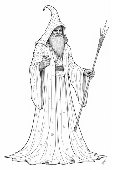 A magical wizard in a long, starry robe dress holding a wand. Line art for coloring book.
