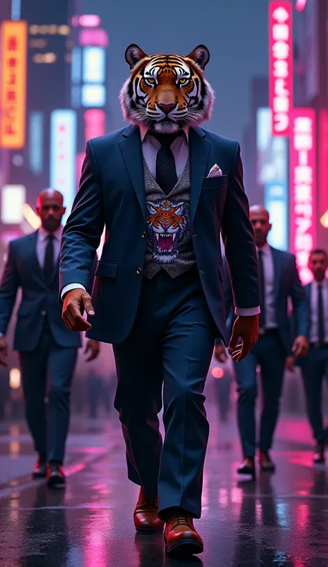 Tiger dressed like buisness man in suit, put print "INVICTUS" with tiger head on suid, walking down the street in neon city at night with his mafia around