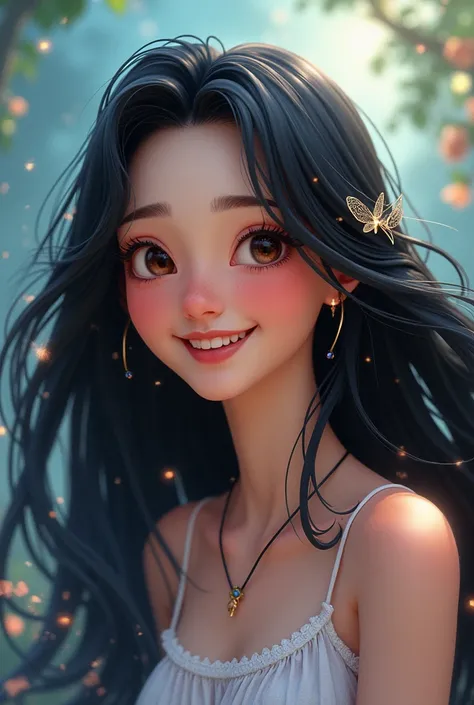 A happy Disney-style white-skinned  with long black hair