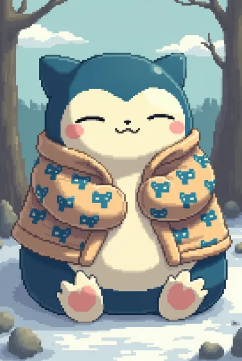 Draw a sleepy snorlax wearing a jacket with a kakuna design in pixel art style