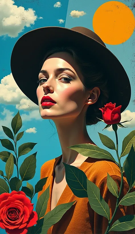 Create a self-portrait woman,floppy hat,leaves,red rose,blue sky,clouds,sun,in collage form, using a style that reflects the aesthetics of Expressionism, cubism, Dadaism. The collage must have the following characteristics