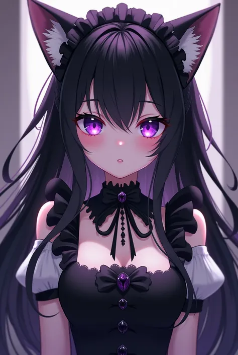 Anime Neko girl with black purpled details maid dress with gothic/victorian style, long black hair, violett iris on her eyes (max quality) (only body and head) (looking the camera) (high resolution) 