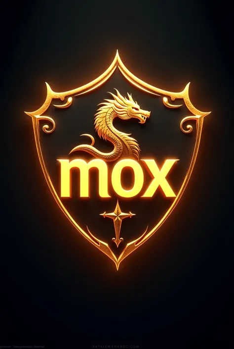  Beautiful glow-in-the-dark logo with text "Mox " in GOLDEN GAMING style , Dragon in the background in shield shaped