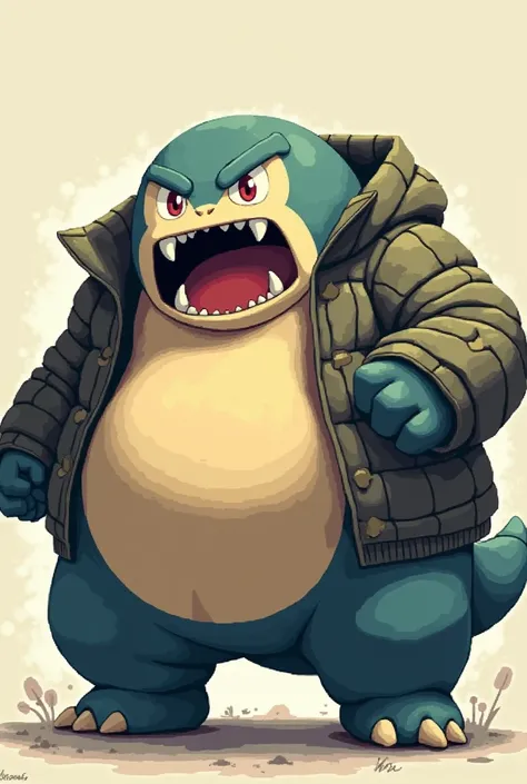 Draw an angrily screaming snorlax wearing a jacket with the texture of Kakuna, in Pixel Art 