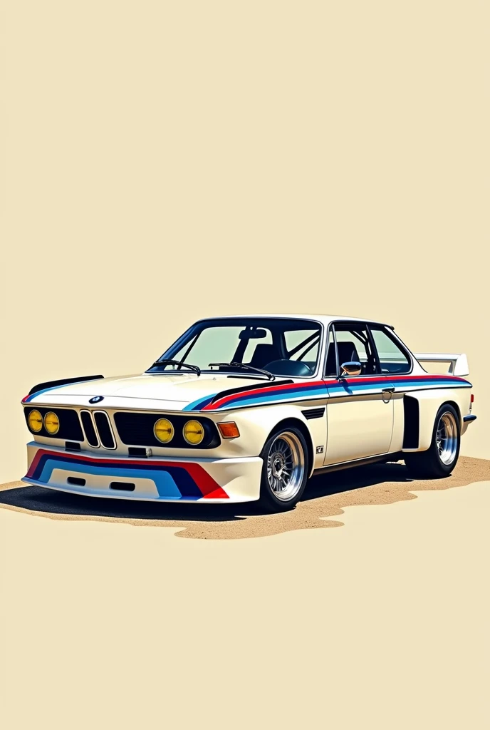 Magnifique BMW 3.0 CSL blanche, 1978, racing, Daytona, design graphic vintage, beaucoup de détails, bande bleu clair, bleu foncé, rouge, bandeau "Bavarian Motor works" sur le parebrise, image vectorielle, très réaliste, arrière-plan abstrait, vieille publi...