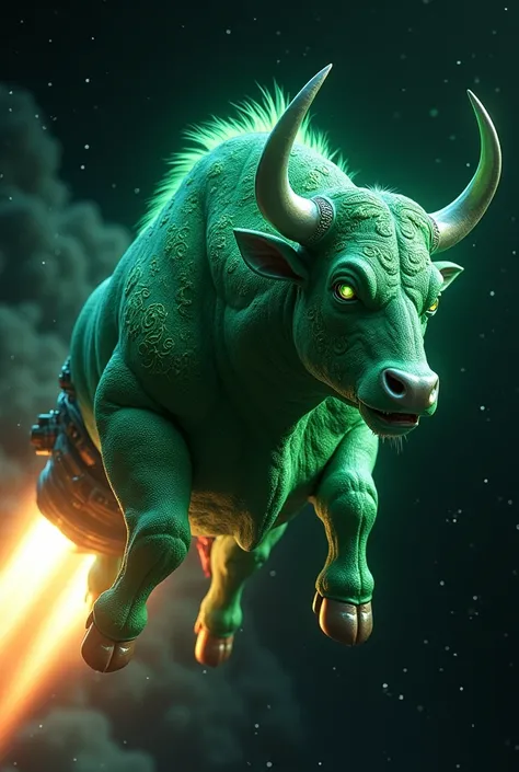 Green bull on a rocketship