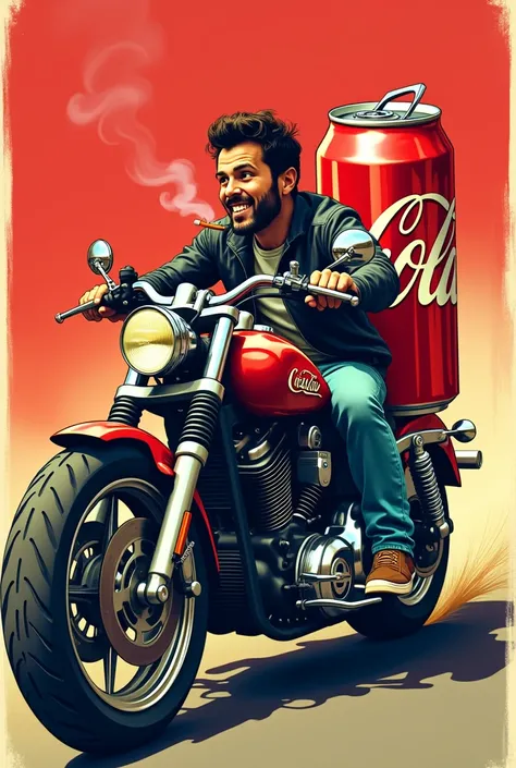 To me its a satirical mash-up of Cokes brand of Coke riding a motorcycle and a Coke laughing and smoking a cigarette. 
Design 