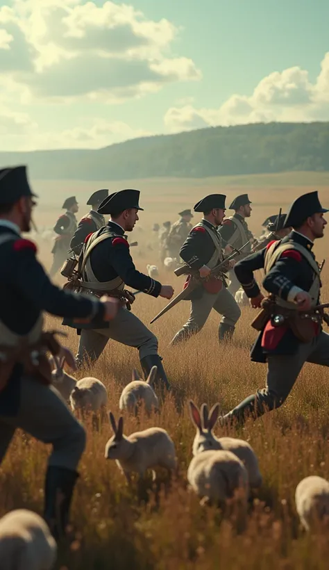 A chaotic scene in an open field, French Revolutionary soldiers in 18th-century military uniforms running in panic as rabbits swarm around them, biting and causing mayhem, photorealistic, 8k, high resolution, HDR, dramatic light, cinematic, intense action,...