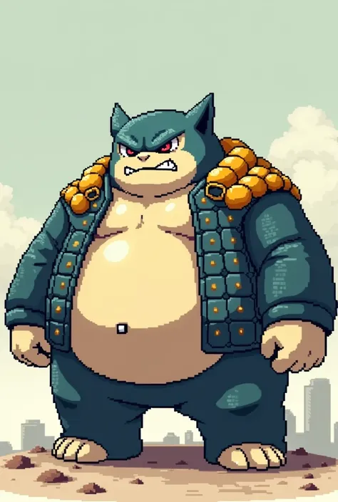 Draw an angry snorlax wearing a jacket with the texture of Kakuna, in Pixel Art 