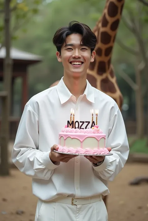  Make me a photo of a handsome young Korean man wearing a white switer white pants white chic hairstyle statement black color combination purple brownish,  smiling holding a birthday cake inscribed  "MOZZA "  clearly legible detail realistic professional p...