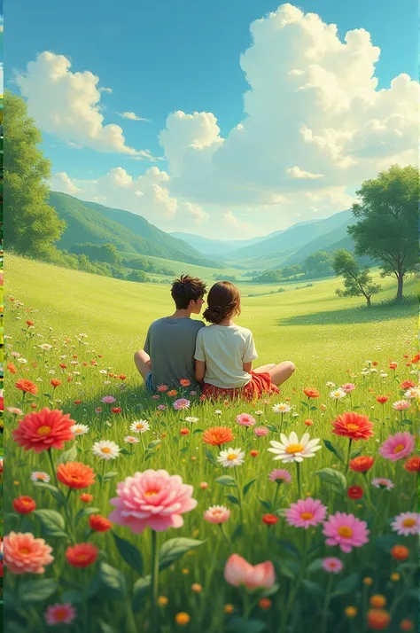 Flowers are many different colors bloom in fuelds and near a beautiful couple sit there.