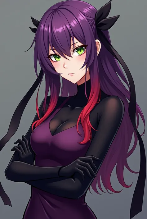  Draw for me an adult woman , In anime format,  she has long purple hair with red tips . Her dress is tight , Its color purple with black, She wears a black glove on her left arm and a long black ribbon on the other right arm, She has emerald green eyes an...