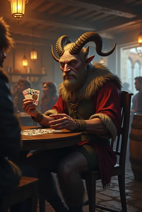 humanoid cunning satyr, with horns, sits on a chair, in a tavern, holds cards in one hand