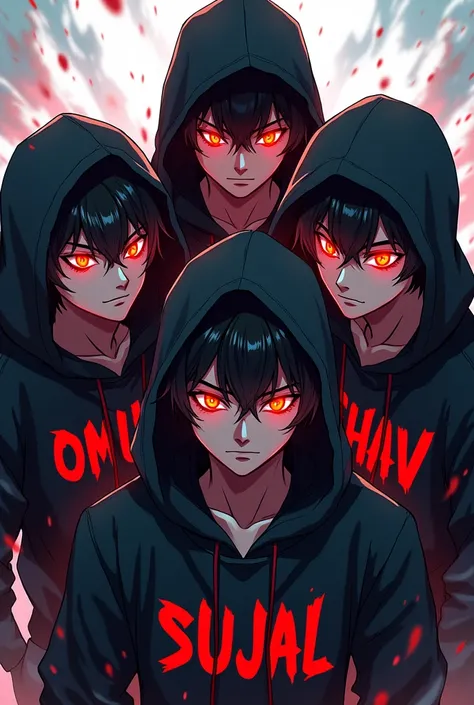 four  sigma dudes in black hoodie anime style red blue green grey flooding eyes like demoneyes with name like omjal , anubhav , kirtan , sujal printed on their hoodie the should wear the hoodie cap 