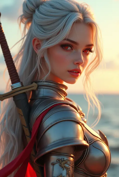 (photorealism:1.2), beautiful woman, smilling clamly, wearing knight outfit, holding sword, long tied-up silver hair, outdoor, soft lighting, sea in background, sky with sunlight, relaxed pose, realistic, intricate details, wửam colors, red eyes, long eye-...