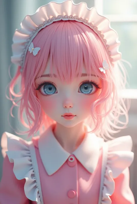 A light pink wavy haired girl with light blue eyes and light pink maid clothes 