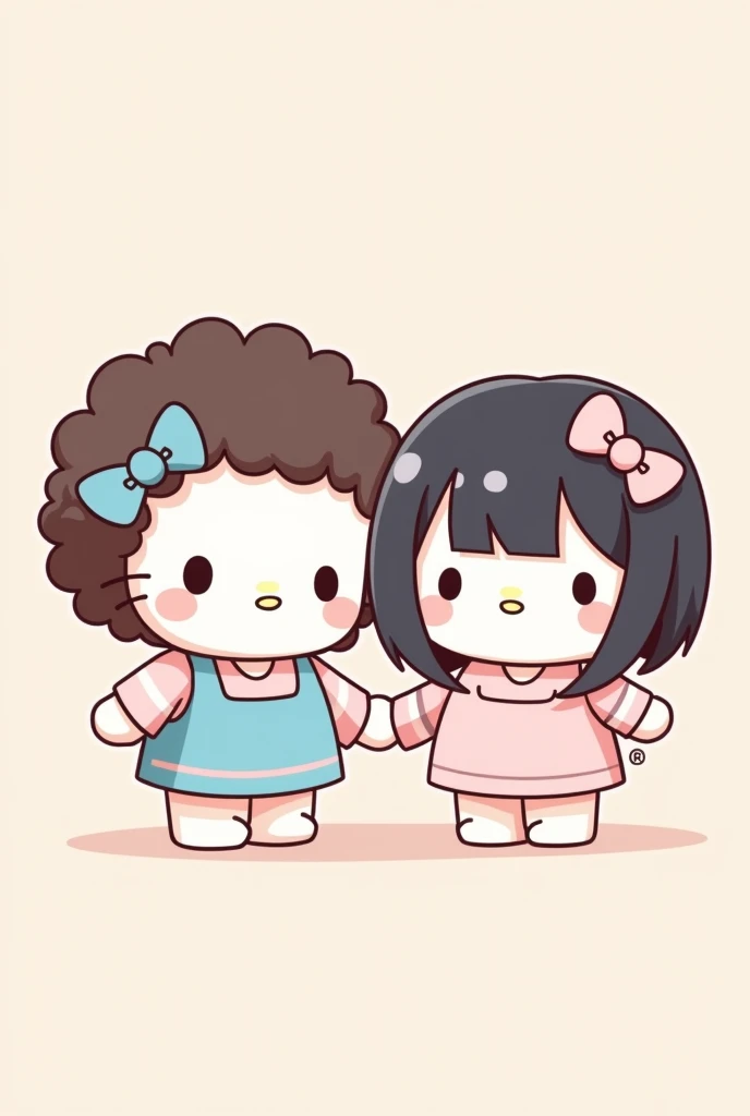  Make two Hello Kitty holding hands , and 2D, una curly,  not wavy , curly,  that their hair is dark brown and that they have a small pastel blue ribbon and her clothes of the same color ,  and the other hello Kitty that is straight black hair with a small...