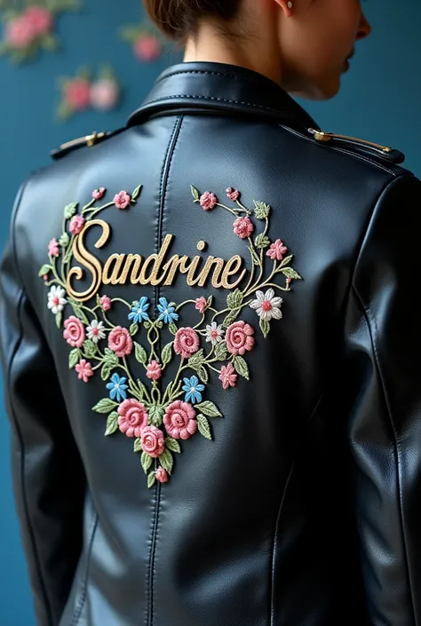 Create  realistic broderie  lady Leather Jacket with  logo  use  Embroidered Guipure blue and rose Lace Fabric as font and creative design make sure the  name of logo is on hoodie in alphabet : Sandrine 