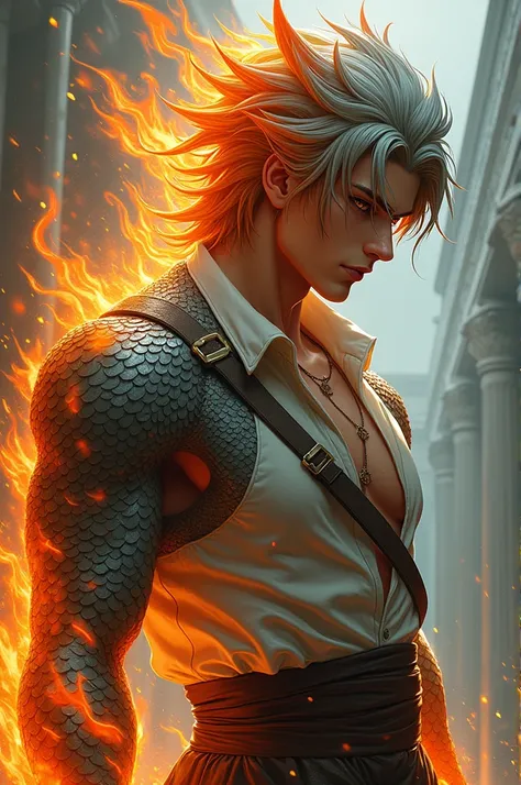 Anime style,human,male,brown eyes,half orange and grey hair colour,half dragon from,covered in flames,half torn apart clothes,black shirt,dragon scales wrist