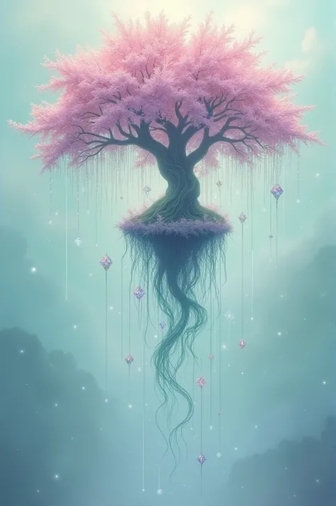 Generate a painting of a floating tree with long roots in pastel colors with crystals and diamonds between the leaves and long branches (like a Willow tree) 