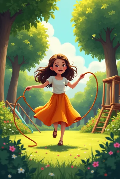 2  jewish  ren girl with long skirt jump rope in the garden with a slide and swing and 3 trees at noon