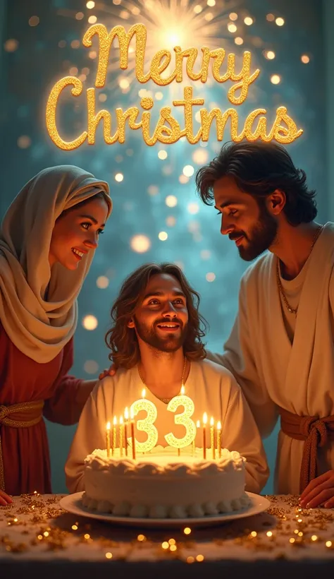 " A heavenly and festive image that celebrates Christmas with a vibrant and illuminated scene . in the center, jesus,  with a serene and peaceful countenance ,  sits before a magnificent birthday cake decorated with burning candles in the shape of a 33,  s...