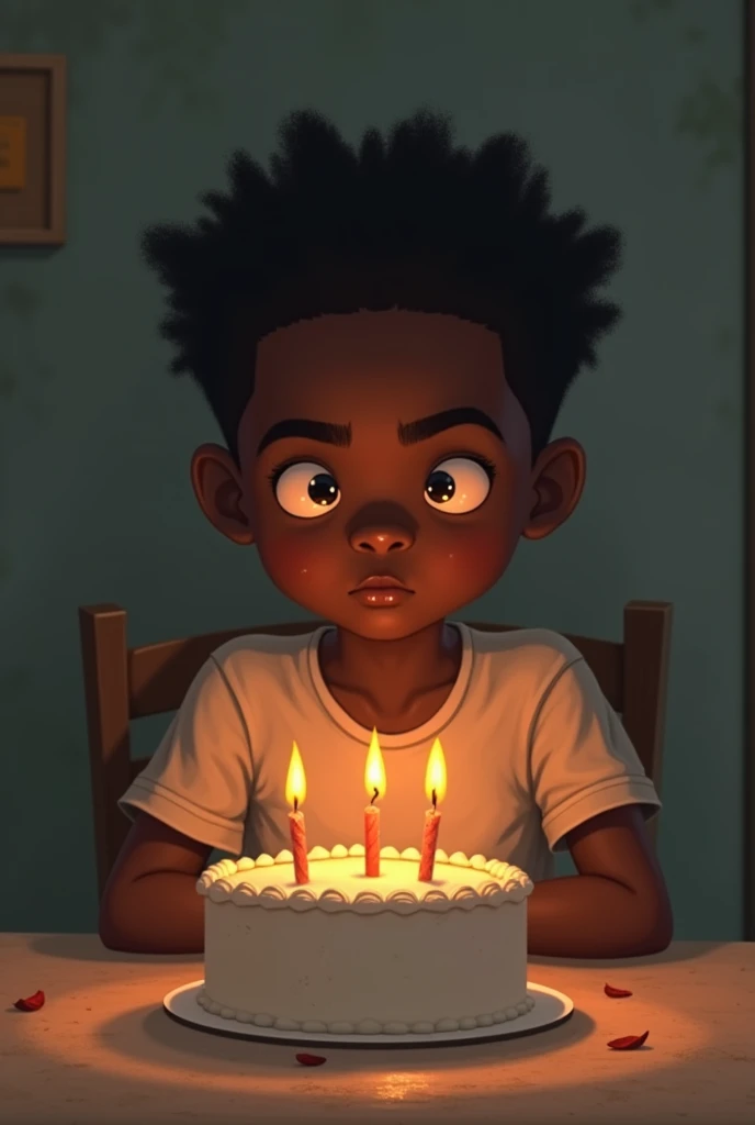 A black boy who is alone with his birthday cake 
