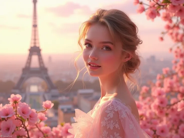  Bright fairytale style .  pretty girl ,  in the background - Paris ,  background in shades of pink, beauty industry 