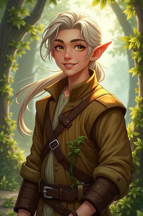 Male,handsome,Bright golden eyes,, white bronze hair , with open hair ,Ponytail,Cheerful and strong face,bright,Elf ears,Wear a medieval brown coat,plant