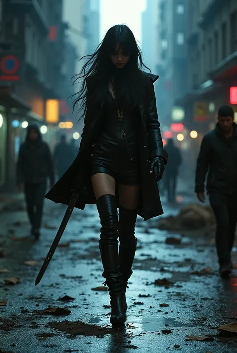 In sharp contrast a gorgeous white long hair khazakstan girl dressed all in kill bill suit proudly prowls towards the viewer, against the flow of people walking away from the viewer. She holds in her gloved right hand a long and sharp sparkling samurai swo...