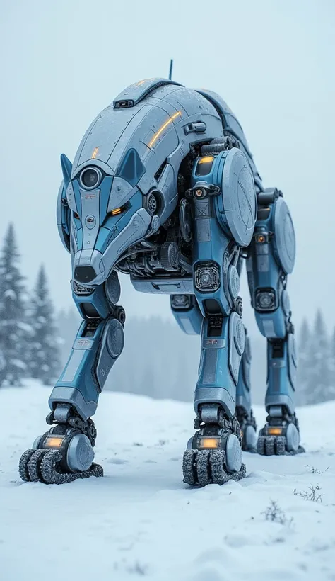 This image depicts an imposing, heavily mechanized robotic structure resembling a wolf or other agile, armored predator. The robot is constructed from intricate mechanical parts, gears, and advanced components, featuring a sleek silver and blue color schem...