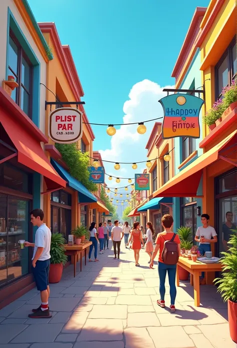  "A bustling street scene showcasing small businesses. The image should feature a variety of shops, such as a cozy café, a boutique, and a flower shop, with colorful signs and inviting storefronts. Include people interacting—customers entering stores, a ba...